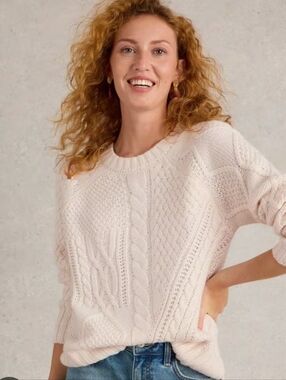 White Stuff Cream Cable-Knit Crew Sweater Size 16